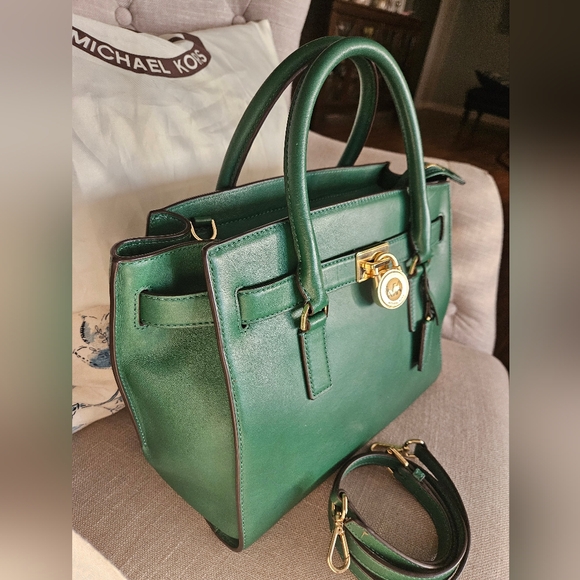 Michael Kors Hamilton Traveler Green Leather Satchel Bag - Picture 17 of 17